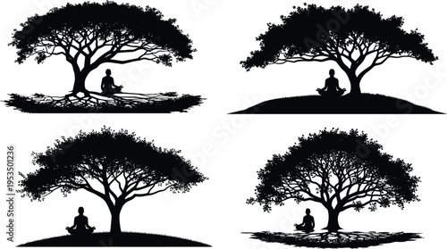 silhouette, meditation, person, tree, yoga, nature, calm, peaceful, mindfulness, spiritual, relaxation, outdoor, black, isolated, vector, illustration, balance, harmony, wellness, concept