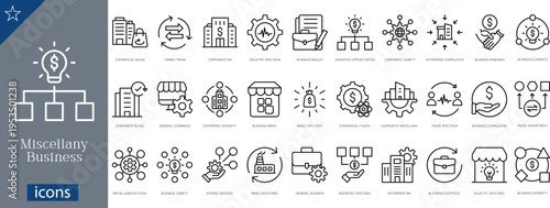 24 Miscellany Business Icons Minimalist Line Art for Corporate Strategy, Retail, and Financial Networks