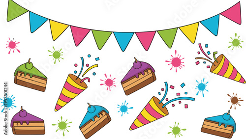 Festive party celebration illustration, colorful cake slices, confetti bursts, pennant flags, joyful event artwork, vibrant decorative design concept