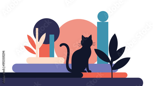 Silhouette of a black cat sitting peacefully within a minimalist abstract landscape of geometric shapes and colors.