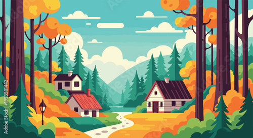 A charming, stylized illustration of cabins nestled in a vibrant autumn forest
