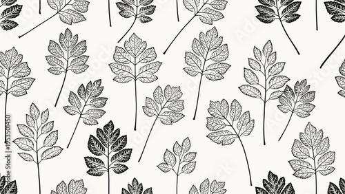 Hand-drawn botanical seamless pattern features detailed black leaf illustrations scattered across a clean off-white background.