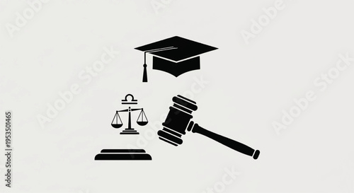 Law and education symbols including graduation cap gavel and scales on desk representing legal education and justice system
