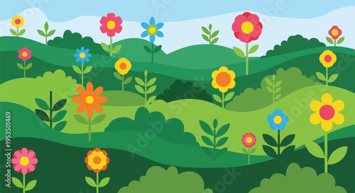 A cheerful illustration of a hillside with colorful flowers and green shrubbery