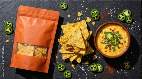 Vibrant orange snack setup with tortilla chips, queso dip, and jalapenos on a dark background, packaging mockup, pouch mockup