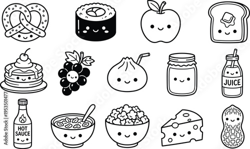 Cute kawaii food illustration set with smiling characters, black outline vector icons for snacks, breakfast, desserts and fun cartoon food design collection