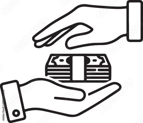 Simple outline icon of money loan with hand receiving cash. Perfect for finance, lending services,