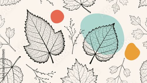 Artistic botanical seamless pattern combines delicate leaf sketches with bold colorful circles in shades of red, teal, and orange.