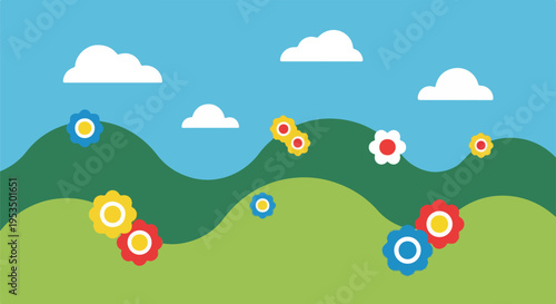 A cheerful illustration of a landscape with rolling hills and flowers