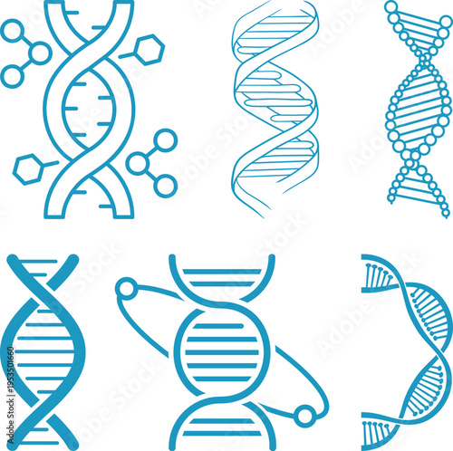 DNA helix icon set collection, genetics and molecular biology symbols, genome structure vector icons, biotechnology research, science laboratory, medical and scientific illustration pack.