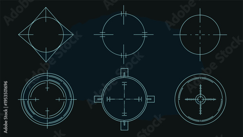 Selection of futuristic head-up display icons and target reticles rendered in bright cyan lines against a dark navy blue background.