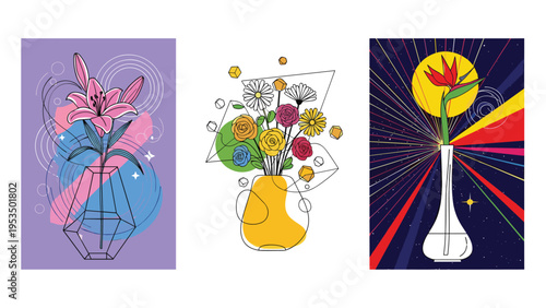 Three vertical posters showcase stylized floral arrangements in vases with abstract backgrounds including stars, rays, and shapes.