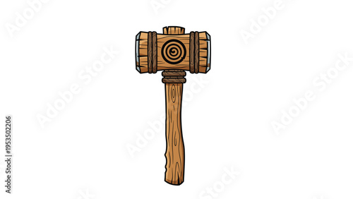 Sturdy wooden hammer or mallet is shown with a round head reinforced by metal bands and a spiral detail on its striking face.
