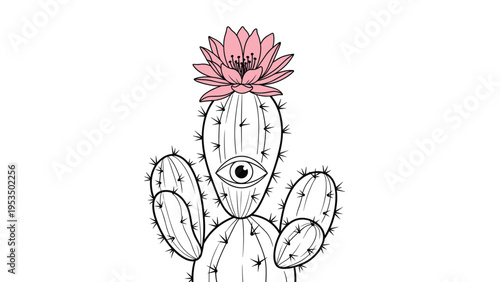 Surreal black and white cactus illustration features a single large eye on its main stem and a beautiful pink flower on top.