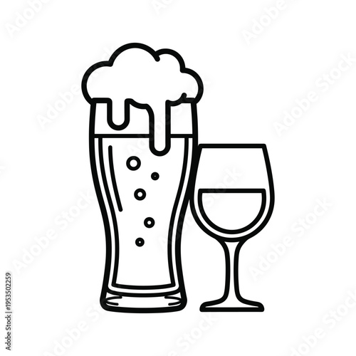 Outline icons of a frothy beer glass and a wine glass on a white background