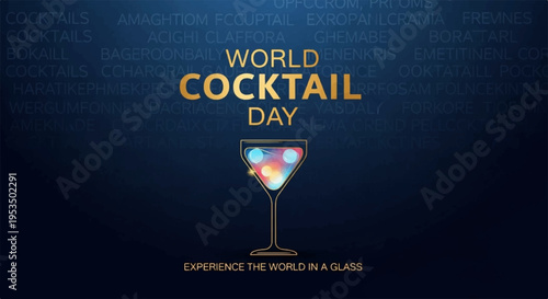 World cocktail day celebration with colorful drink in glass on dark background with text