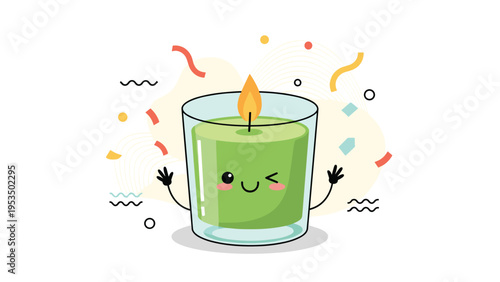 Cheerful green candle character in a glass jar has a happy winking face and tiny hands raised in a celebratory confetti setting.