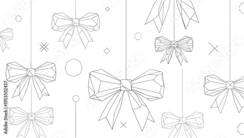 Geometric seamless pattern consists of thin dotted line drawings of faceted bow ties and abstract shapes on a white background.