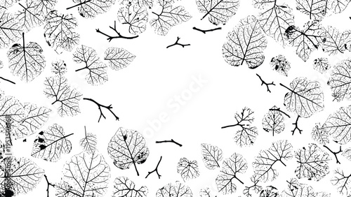 Black and white leaf pattern showcases detailed leaf prints and small twigs scattered over a white background in a random layout.