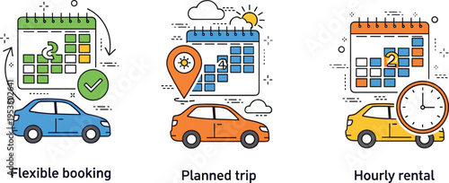 Car rental booking options shown on smartphone and laptop screens with rental cars and calendar