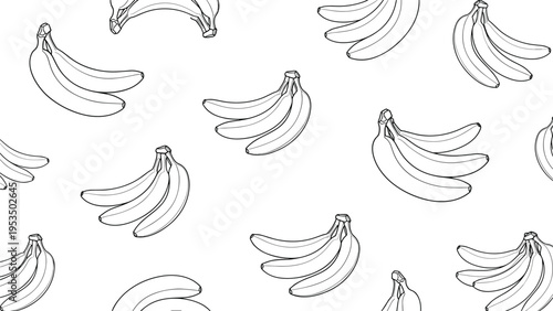 Playful seamless pattern displays bunches of bananas rendered in simple black line art drawings scattered over a white background.
