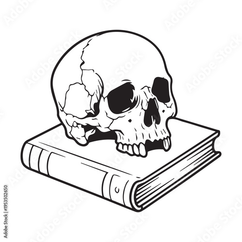 Vintage Style Black and White Illustration of Human Skull Resting on Book