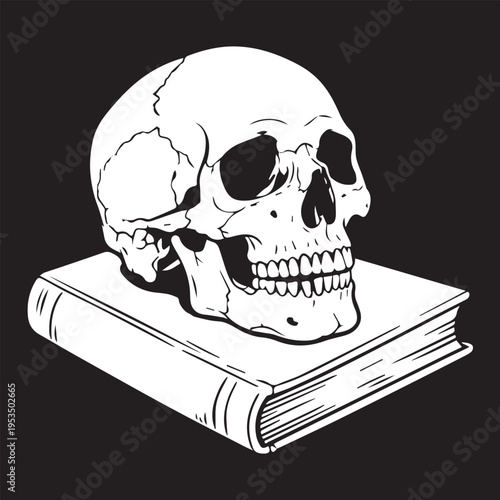 Vintage Style Black and White Illustration of Human Skull Resting on Book