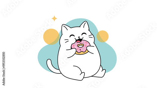 Adorable white cartoon cat happily eating a glazed pink donut with sprinkles against a soft blue and yellow background.