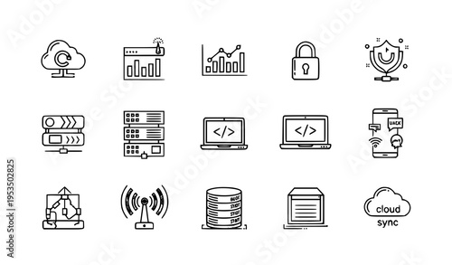 Modern IT and Technology Line Icons – Cloud, Network, and Device Vector Set