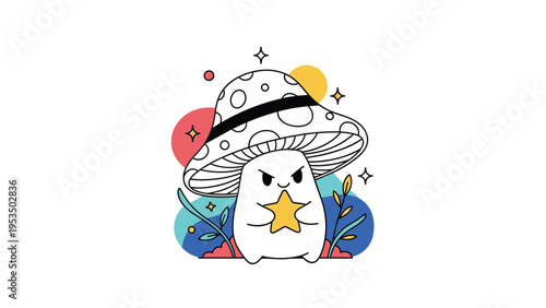 Grumpy little mushroom character with a spotted cap holding a golden star surrounded by magical sparkles and plants.