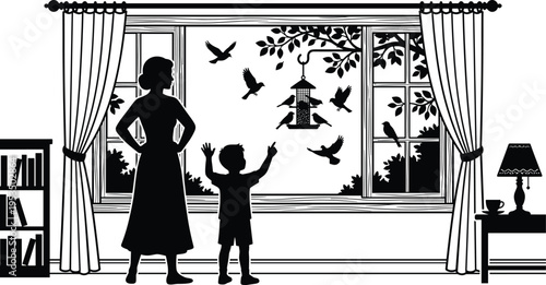 Mother and child silhouettes near window with birds and feeder, cozy home interior, family bonding moment, peaceful lifestyle, parenting love and nature connection
