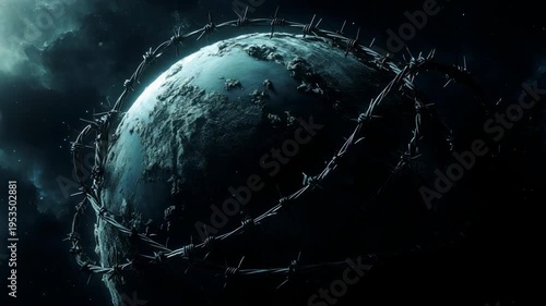 Conceptual animation of planet earth entangled in barbed wire, symbolizing global issues
