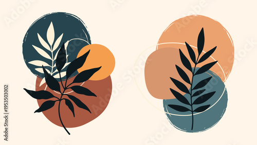 Pair of abstract botanical artworks featuring dark leaf silhouettes over textured circular shapes in muted blue and rust.