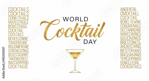 World cocktail day celebration with golden cocktail glass and typography on white background