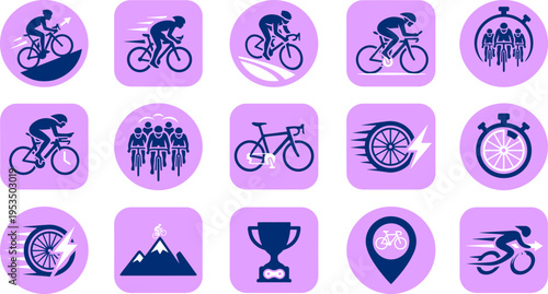 Collection of cycling and group activity icons with various themes and symbols