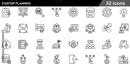32 Startup Planning Icons Minimalist Line Art for Business Development and Launch Strategy