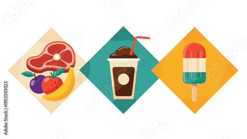 Three colorful diamond-shaped icons displaying healthy fruits and meat a chocolate drink and a refreshing popsicle.