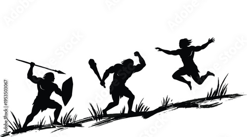 Primitive warriors silhouettes with weapons in action poses, tribal ancient fighters running and jumping, black vector illustration for history, battle and survival concept
