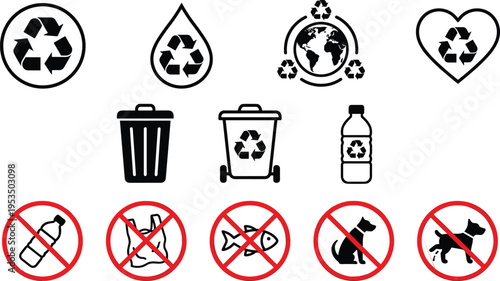 Recycling and waste management icons with prohibition signs, environmental protection symbols, black vector illustration for sustainability, pollution control, eco awareness and green living