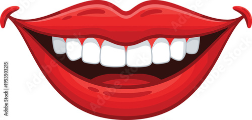 Smiling red lips with white teeth illustration, glossy mouth vector design for beauty, fashion, makeup, dental care and cosmetic advertising concept