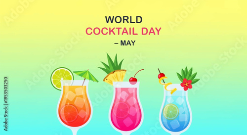 Three colorful cocktails with umbrellas and fruits on world cocktail day in may