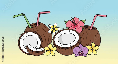 Two brown coconuts with pink and green straws and tropical flowers on a beach background
