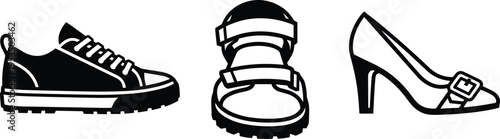 Footwear icons set, sneaker sandal and high heel shoes, fashion outline vector illustration, casual and formal footwear collection isolated on white background