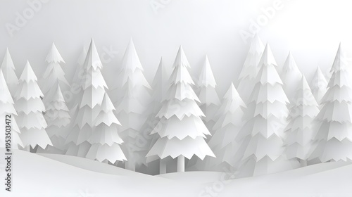 Minimalist White Paper Christmas Trees Forest Landscape.