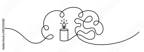 Human brain outline with candle inside, creative mind concept with burning flame symbol, idea inspiration thinking and mental clarity metaphor, abstract line art design for psychology and wellness