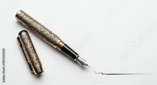 Elegant fountain pen with intricate design lying on a white background  