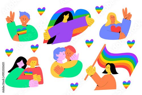 Diverse LGBTQ Community Celebration with Pride Symbols, Flags, Hearts, Love.