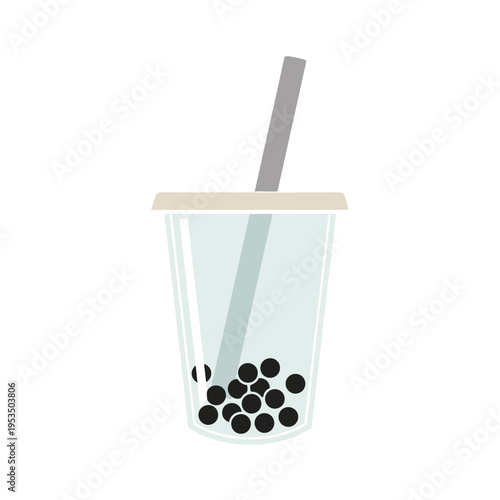 Bubble Tea Drink with Tapioca Pearls and Straw - Minimalist Illustration