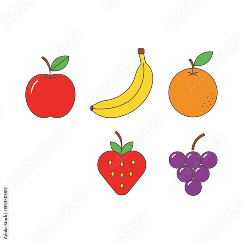 Colorful Flat Fruit Icons: Apple, Banana, Orange, Strawberry, Grapes on White Background