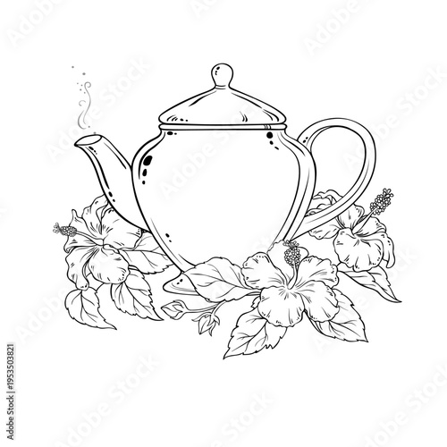 Hibiscus Tea in Teapot aroma beverage Outline Illustration. Vector isolated for Design and Decoration for Cafeteria, Posters, Banners, Cards.